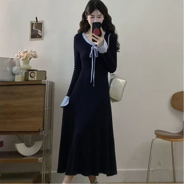 大码法式蝴蝶结系带针织连衣裙女2025秋冬胖mm设计感拼接边长裙子|undefined