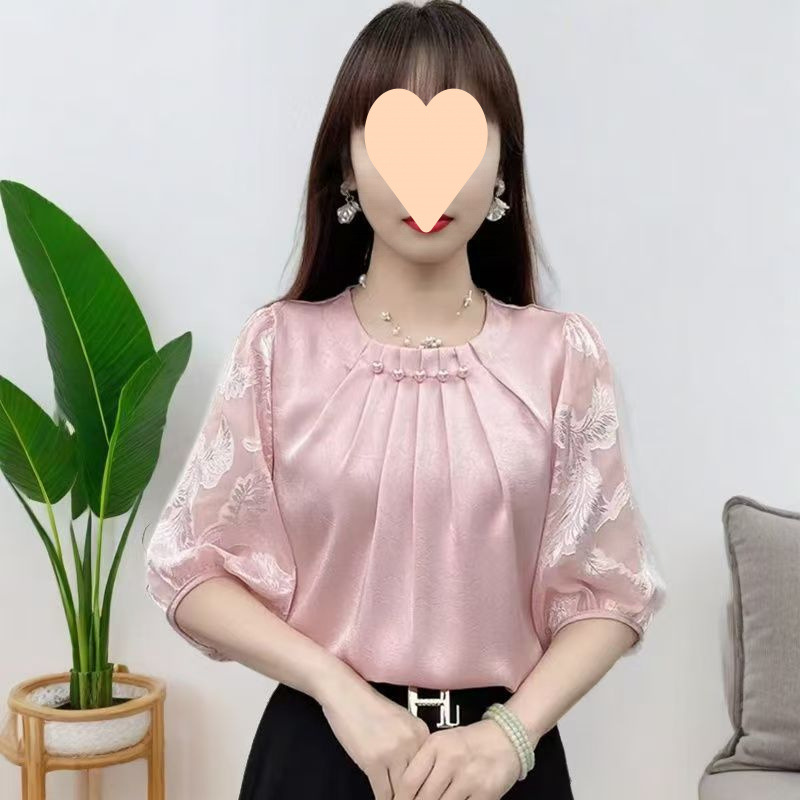 2025 새로운 여름 패션 스타일 스플 라이스 쉬폰 셔츠 5부 소매 대형 단순 루즈 다용도 탑 여성용