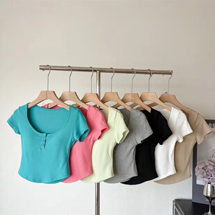 Solid Color Crewneck Button Design Sense Stretch Slim-fit Slim-fit Chest Pad All-match Slim-fit Top for Summer Spice Girls