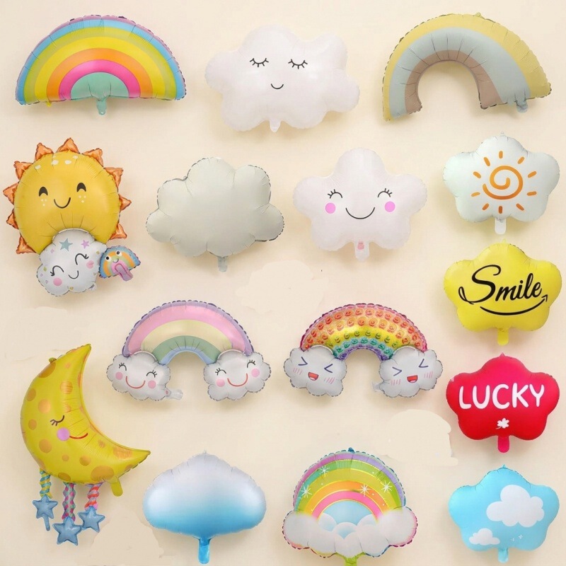 Closed-Eye Cloud Balloons, Rainbow Smiley Face, White Clouds, Sun, Moon, Sky Backdrop, Cartoon-Shaped Aluminum Foil Balloon Decoration Closed-Eye Cloud Balloons, Rainbow Smiley Face, White Clouds, Sun, Moon, Sky Backdrop, Cartoon-Shaped Aluminum Foil Balloon Decoration