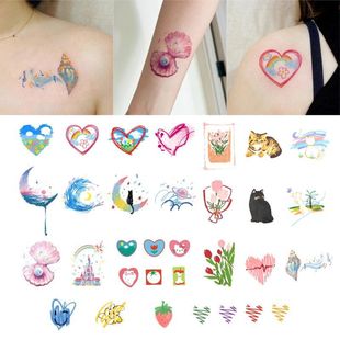 Painting Stick Flower Love Kitten Color Waterproof Long-lasting Tattoo Sticker Fresh Girl's Heart Cute Childhood Fun