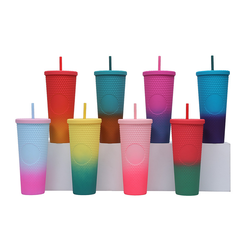 Suministro directo de fábrica Taza de agua de plástico de venta caliente Taza de mano de diamante degradado de red Taza de durian de doble capa como Xingba para niñas