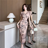 V-neck temperament pleated split mesh retro printed dress