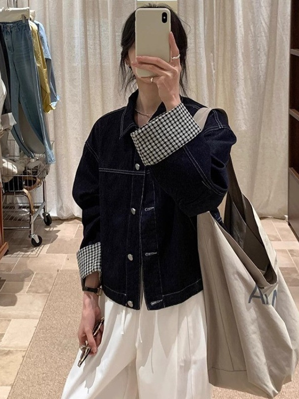 韩系袖口撞色牛仔外套女宽松bf慵懒风小个子短款2025秋冬季新款|undefined