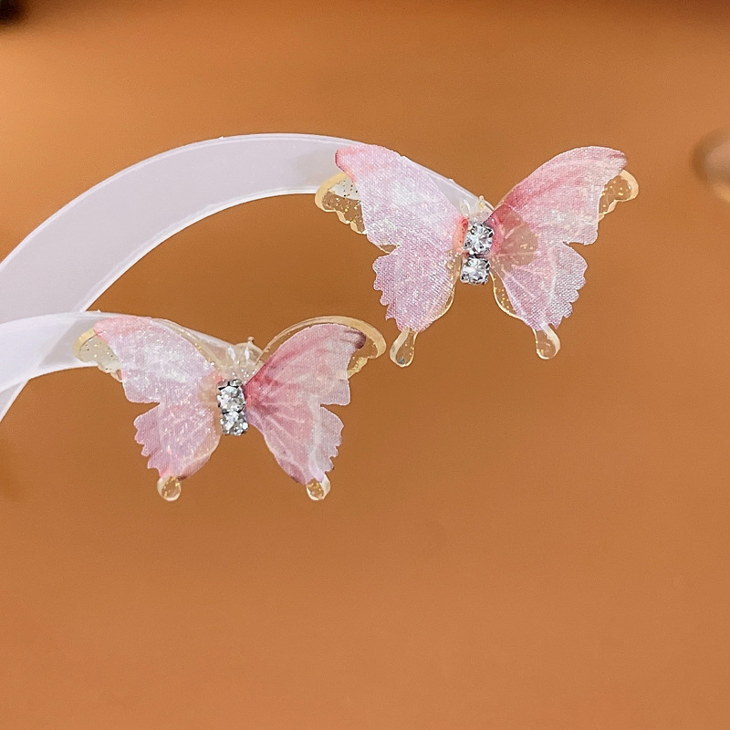 Acrylic, Gauze, Copper Material 1 Pair Fairy Style Butterfly Inlay Arylic Gauze Copper Rhinestones Ear Studs