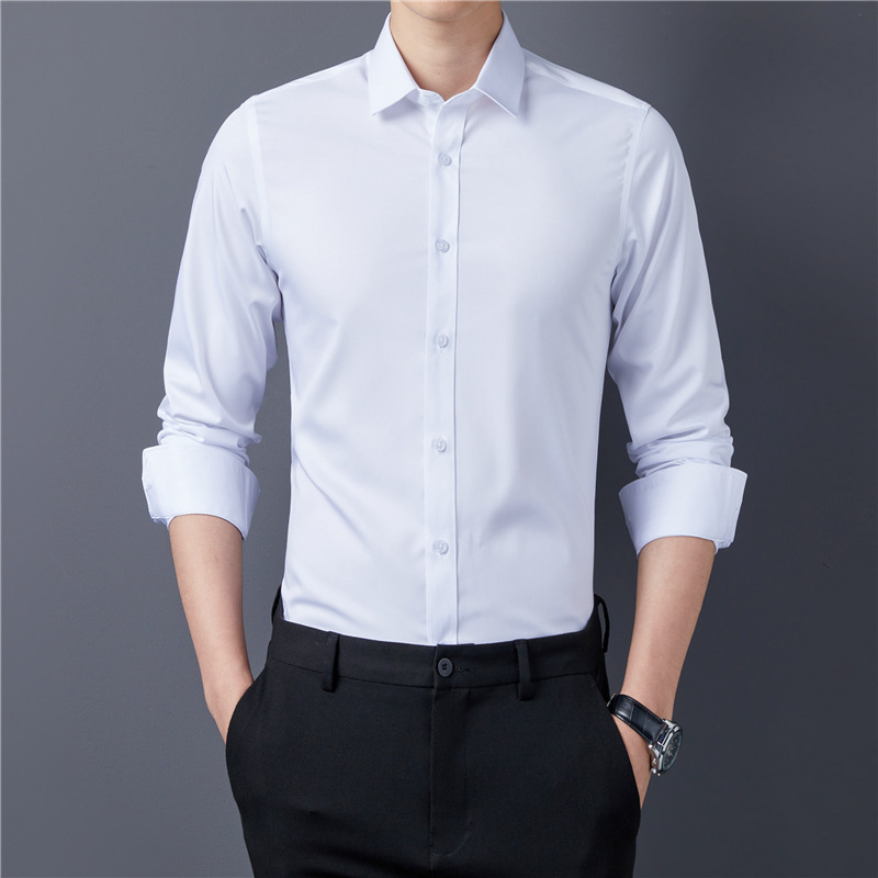 Mutuyu New Bamboo Fiber Shirt Men's Long Sleeve Shirt Solid Color Elastic Non-Ironing Professional Tooling Embroidered LOGO