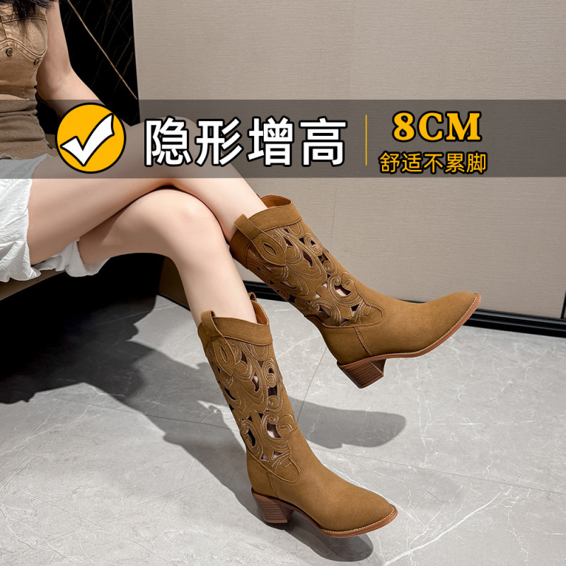 ディリレアと同じスタイルの女性用ウエスタンカウボーイブーツ、夏用ブラウンマーティンブーツ、ソフトレザー中空刺繍ポインテッドトゥナイトブーツ|undefined