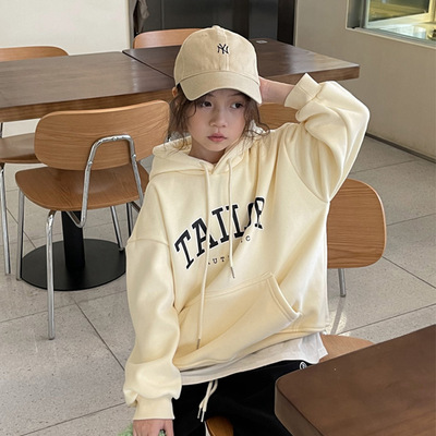 2022 new pattern Solid color sweater Plush thickening letter printing Hooded Sweater Boy girl Children wholesale