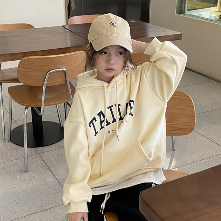 2022 new pattern Solid color sweater Plush thickening letter printing Hooded Sweater Boy girl Children wholesale