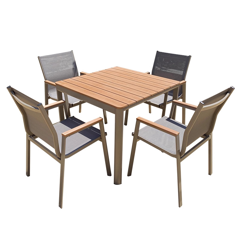 Mesa y silla de madera de plástico al aire libre patio al aire libre jardín terraza balcón a prueba de lluvia y protección solar combinación de mesa y silla de aleación de aluminio