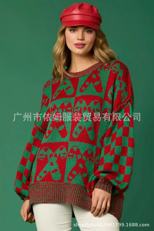 アマゾン秋冬新型クロスボーダー欧米女装クリスマス格子縞衝突色セーター長袖ゆるいプルオーバーセーター|undefined