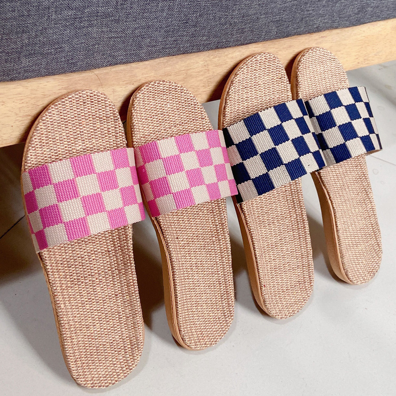 Plaid Summer New Four-Season Linen Slippers for Women's Home Use for Couples Wooden Floor Indoor Soft-Soled Non-Slip Slippers for Men