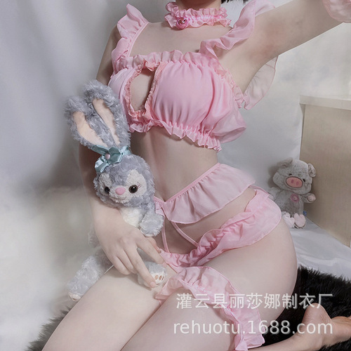 Hot Rabbit New Sexy Lingerie Beautiful and Sexy Catwoman Three-point Lace Suit Love Princess Pajamas