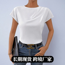 外贸ebay女装仿真丝衬衫 25秋季全新色丁高级感简约短袖衬衣