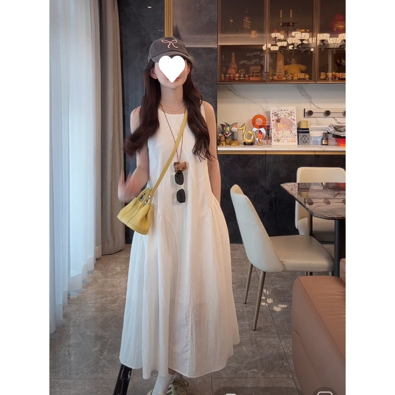 Summer New Solid Color Casual Elegant Gentle Dress for Women 2025 Beautiful Round Neck Waist Vest Skirt
