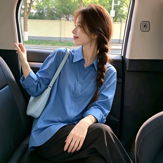 韩系简约基础款长袖衬衫女秋季设计感小众刺绣宽松叠穿衬衣外套潮