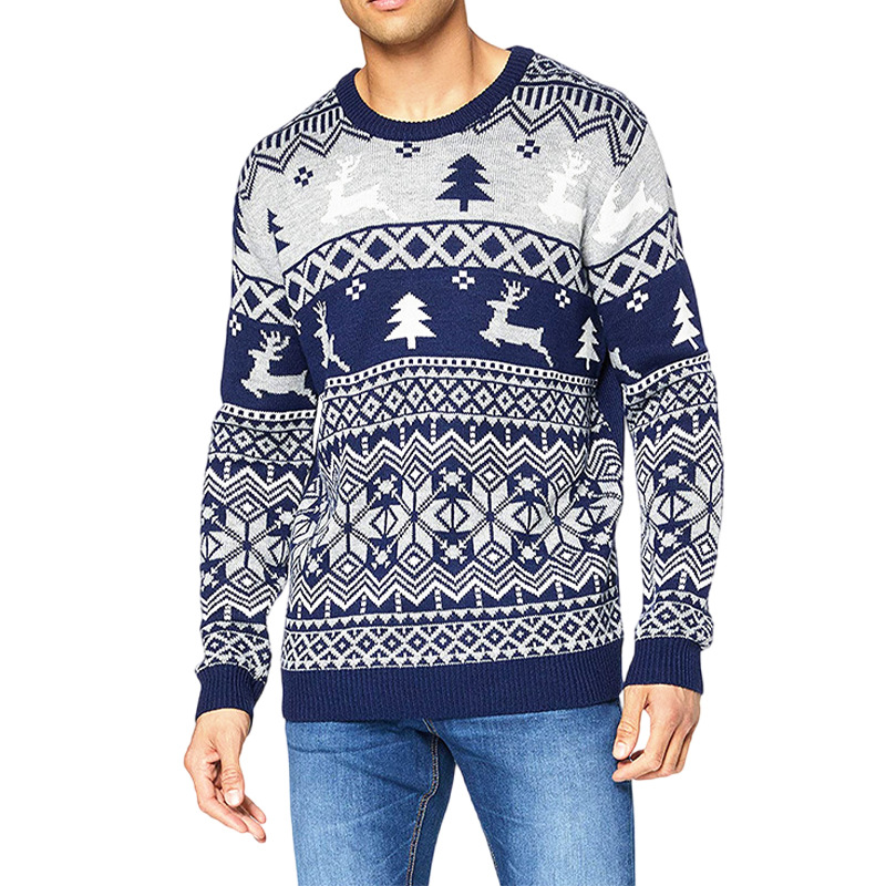 Suéter de punto americano retro personalizado ambiente navideño logo envolvente cuello redondo suéter de punto a rayas geométricas