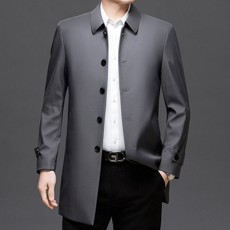 Branded Men's Silk Trench Coat 2026 Autumn/Winter New Business Casual Mid-Length Jacket for Middle-Aged Dads