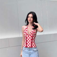 越南小众设计Mai同款25新款LSOU*格纹拼接挂脖抹胸上衣翻领背
