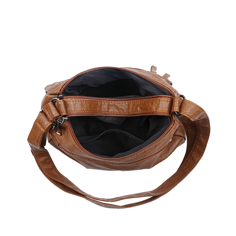 Bolsos de hombro, nuevos bolsos de piel blanda de comercio exterior femenino, moda de doble capa, bolsos de doble capa, versión coreana, bolsos de piel lavada a gran capacidad