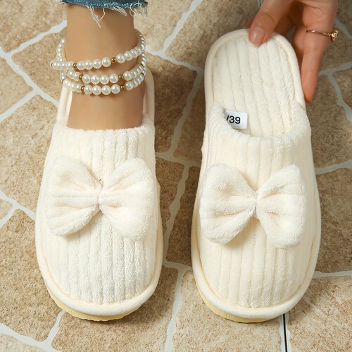 Ultra Warm Cozy Striped Bowknot Slippers for Women Thick