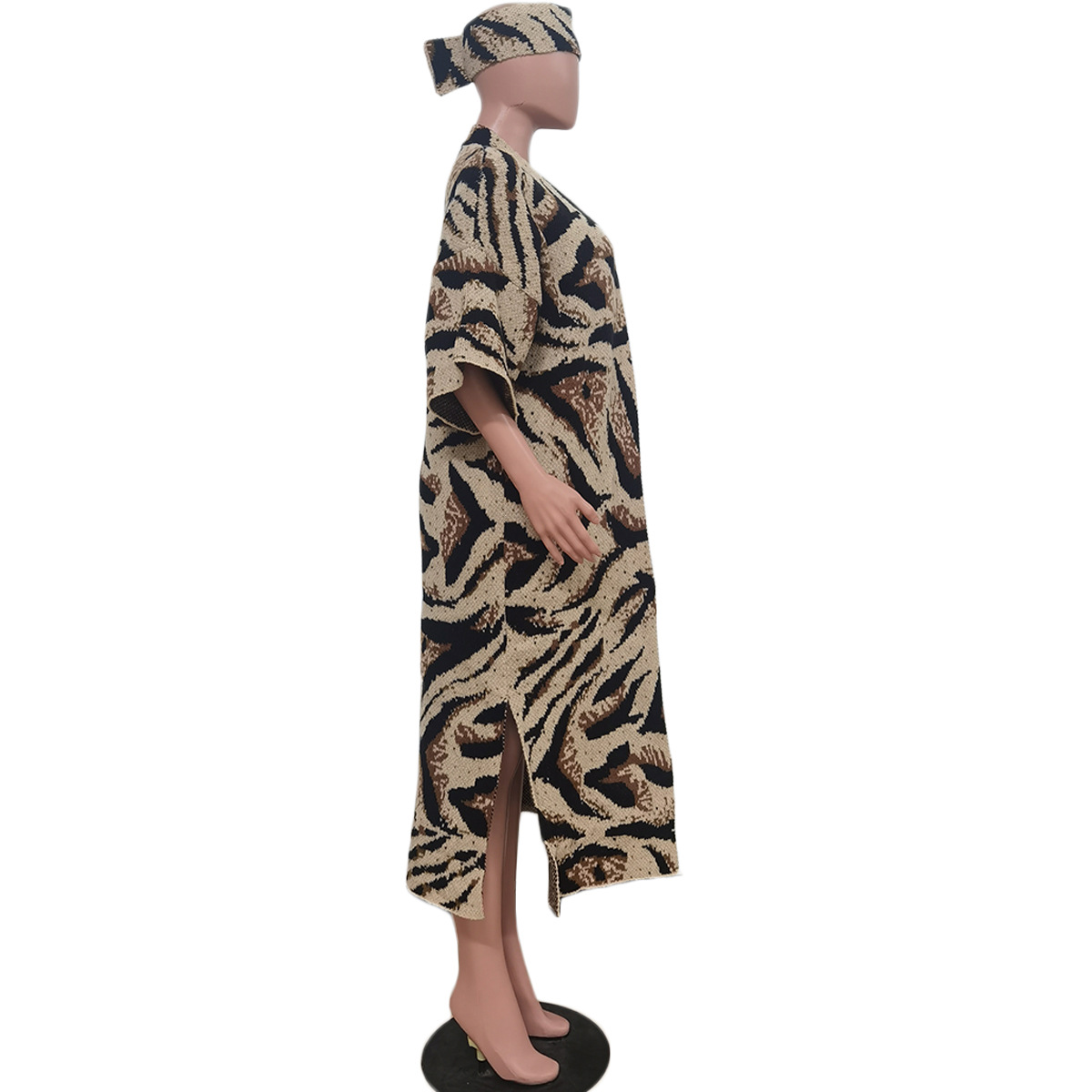 TS1278 new women's casual knitted leopard print cardigan jacket (including headscarf)_voghion.com