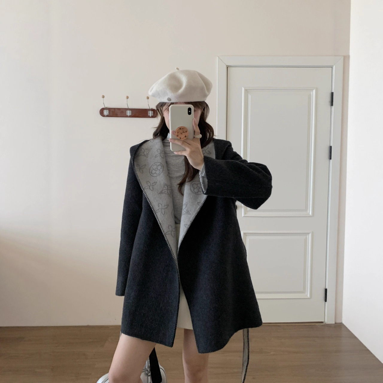 Commuting Jacquard Wool Outwear for Women, Small Autumn and Winter New Korean Style Lace-Up Hooded Mid-Length Woolen Outwear for Women