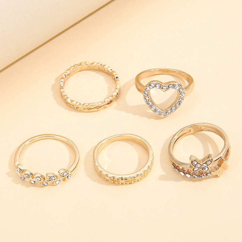 1 Set Retro Heart Shape Butterfly Alloy Plating Metal Rhinestones Womenu0027S Rings