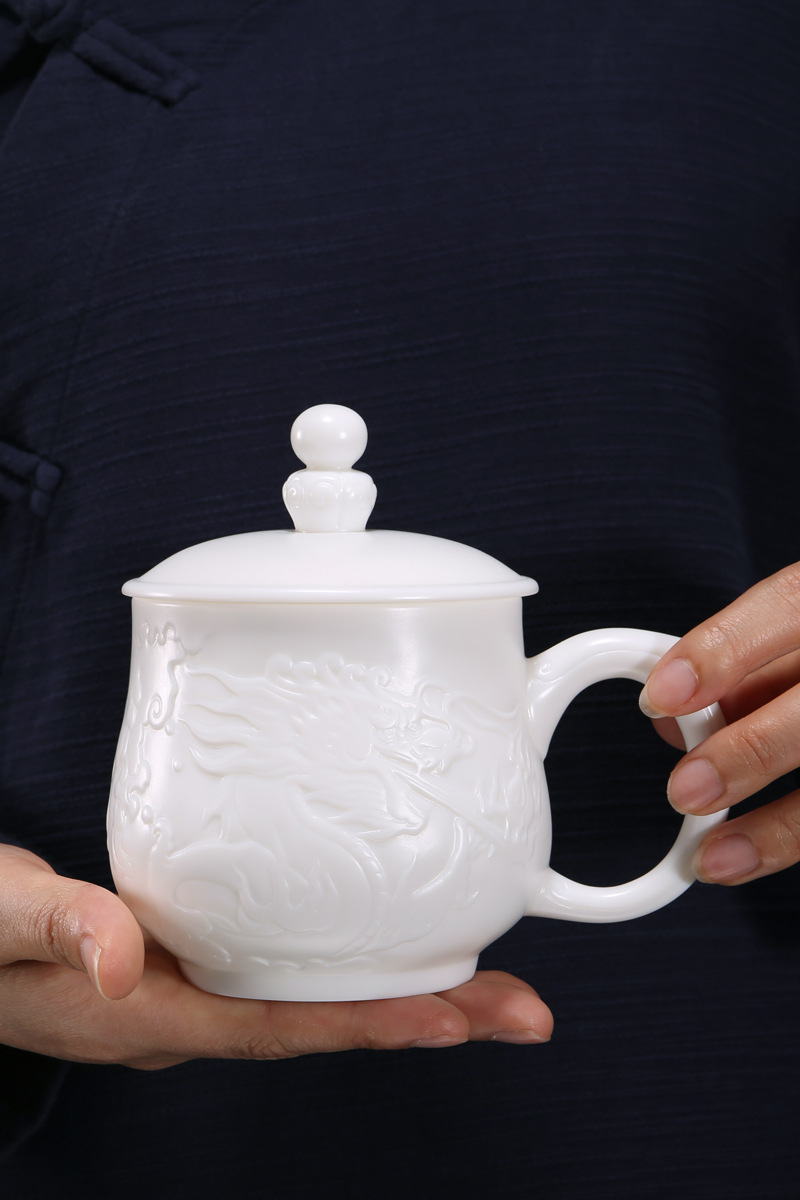 Barro sabor grasa de oveja Jade porcelana blanca cayendo Dragón shengshi Oficina grande Taza agua cerámica con tapa regalo empresa taza té