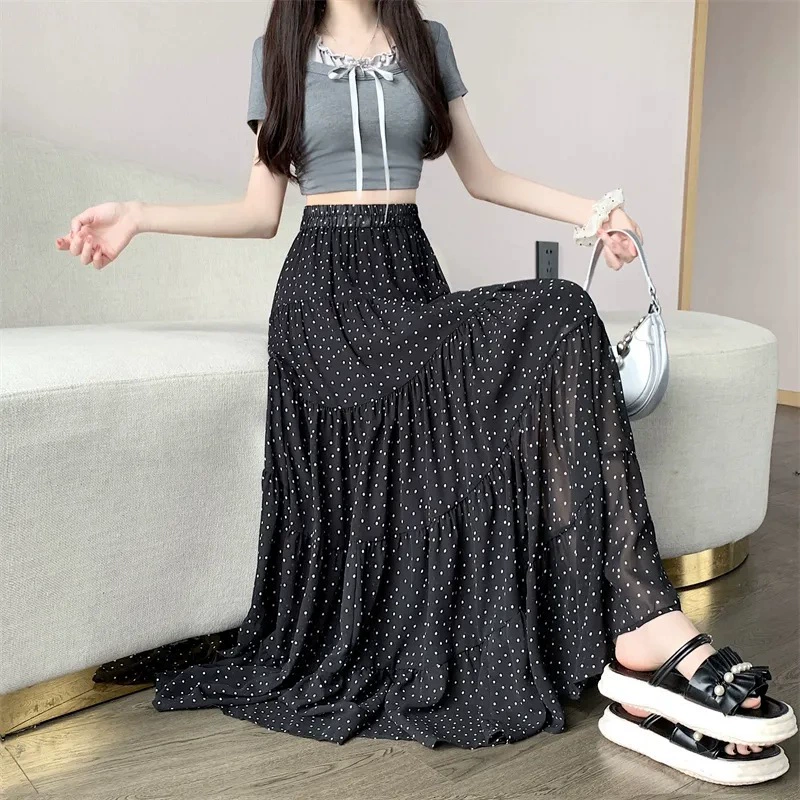 Женская летняя юбка 2025 года, универсальная миди-юбка, элегантная юбка-зонтик с широким подолом, цветочная юбка А-силуэта, шифоновая.