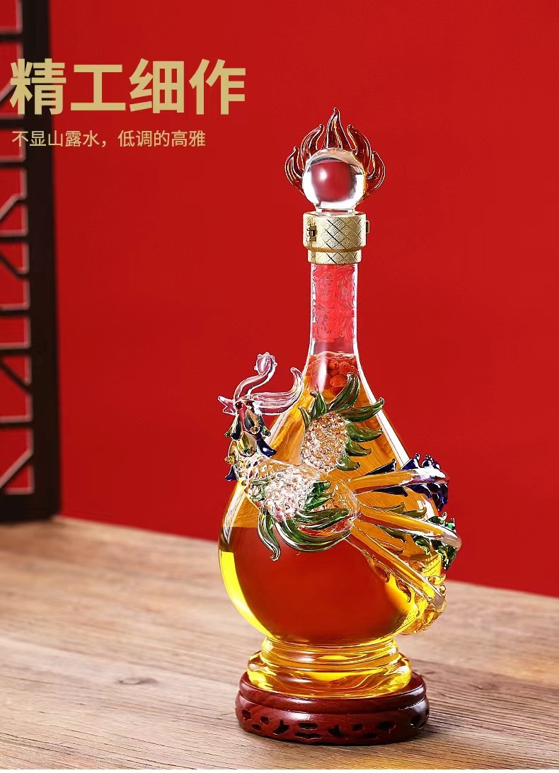 Suministros para banquetes de bodas Dragon and Phoenix Chengxiang Botella de vino de burbujas Botella vacía Botella de vino artesanal de vidrio resistente al calor con alto contenido de borosilicato grueso Caja de regalo