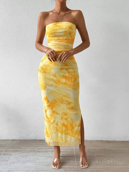 Cross-Border Women's Clothing Tk Mesh Printed Dress 2026 Spring and Summer New High-Waisted Slim-Fit Slit Tube Top Bodycon Dress