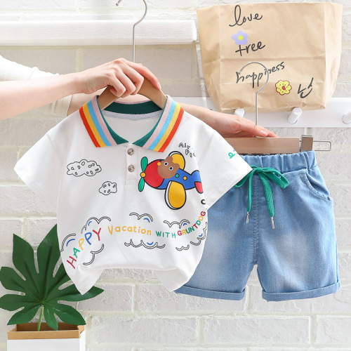 Summer short-sleeved suit for small and medium-sized children, baby boy, cute cartoon lapel shorts two-piece set, manufacturer wholesale 2 years old