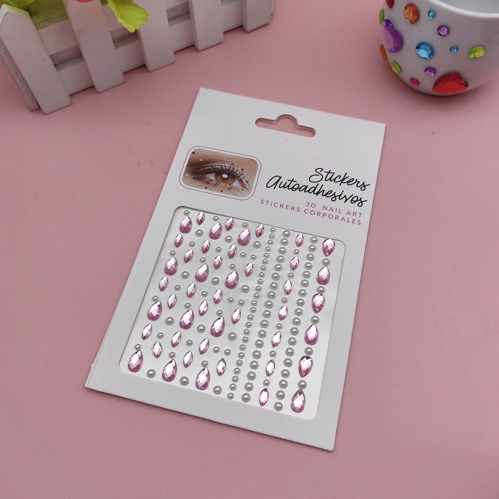 Pegatinas para maquillaje de ojos, pegatinas de diamantes de imitación para ojos, decoración facial, accesorios de maquillaje de perlas para diario, pegatinas de diamantes de imitación para escenario infantil, venta al por mayor en stock.