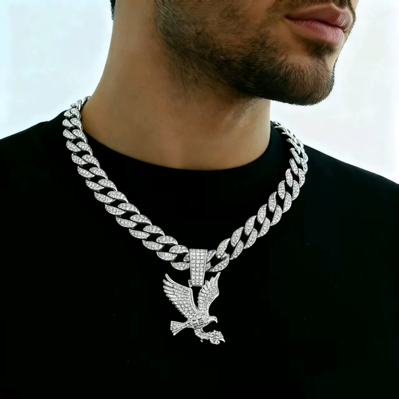 嘻哈时尚欧美个性展翅老鹰吊坠古巴项链男女小众百搭饰品链项链男