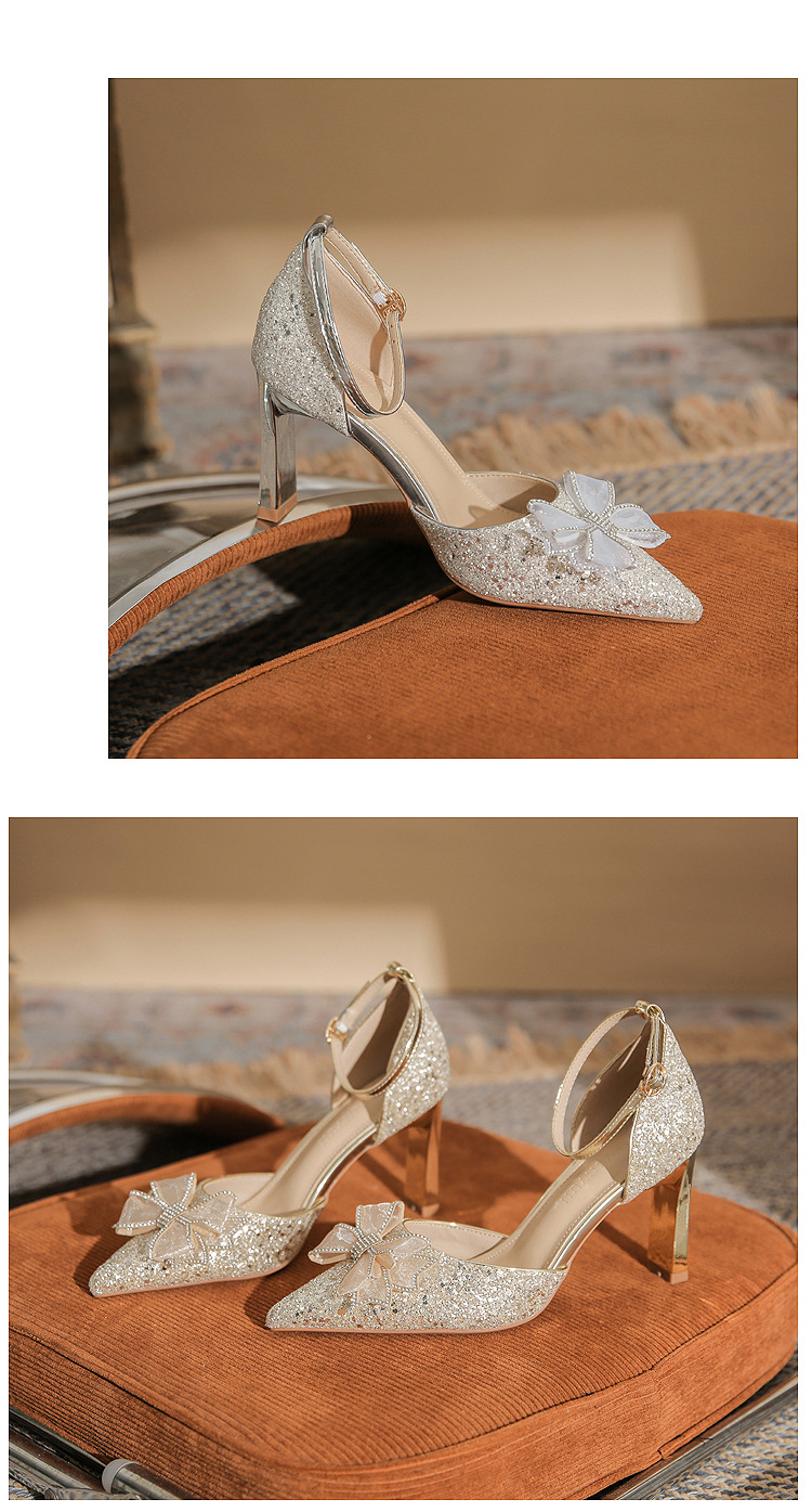 Giày sandal cao gót nữ quai ngang mũi nhọn gót nhọn CH8006-5 — Màu Sâm panh chi tiết 23