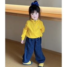 女童秋装2025儿童秋季新款套装洋气女宝宝纯色卫衣波点牛仔长裤潮