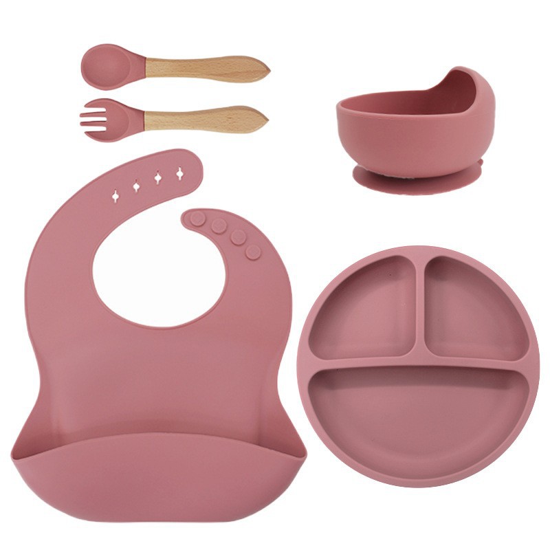 115g 턱받이 + 작은 흡입 컵 + 그릇 + 나무 포크와 스푼 다크 핑크