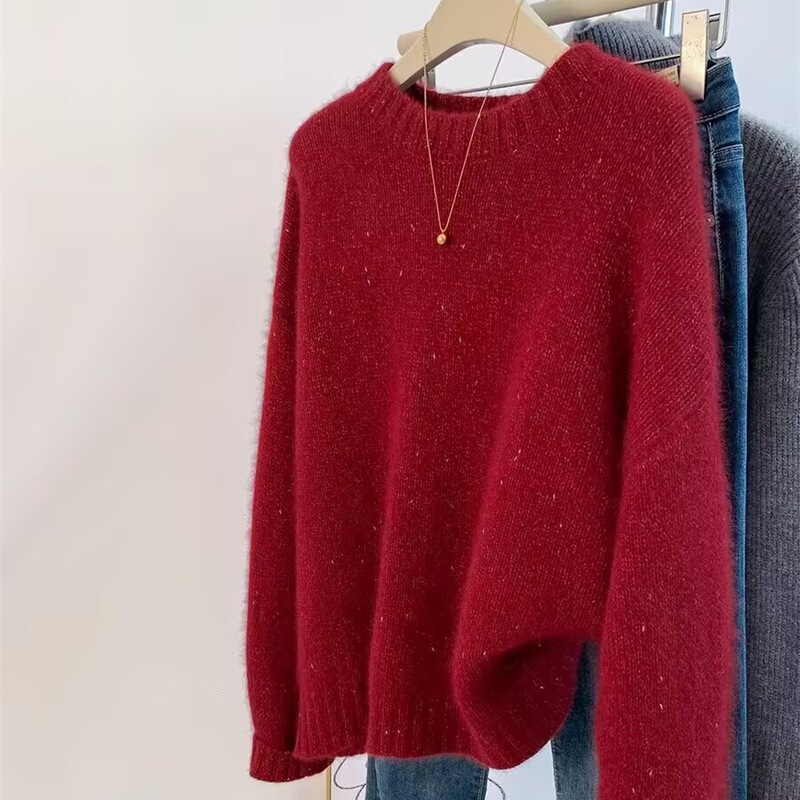 Christmas Red Sweater for Women, Shiny Wool Sweater, New Autumn/Winter 2025, Loose and Soft, Thickened Cashmere Sweater for the Year of Birth