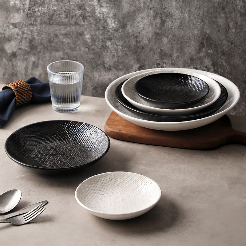 Plato profundo redondo en relieve de tela, plato de ensalada, plato de sopa occidental, plato de frutas retrógradas caseras, plato de platos de alto valor facial