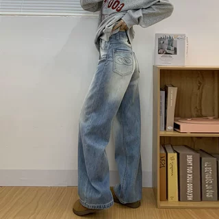 百搭水洗牛仔裤女夏季新款时尚辣妹复古直筒裤高街宽松显瘦阔腿裤