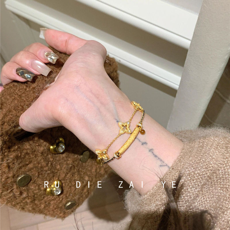 Cuning Middle Guras Five-Flower Smile Tiger Eye Black Gold Woven Vintage High-end Stacked Bracelet for Women