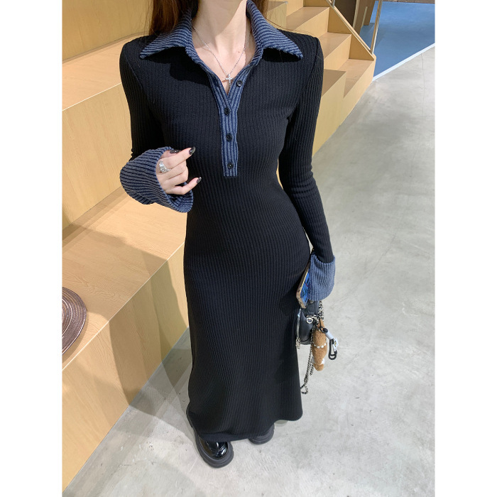 韩系黑色polo领针织连衣裙女秋冬大衣内搭修身收腰气质打底连衣裙|undefined