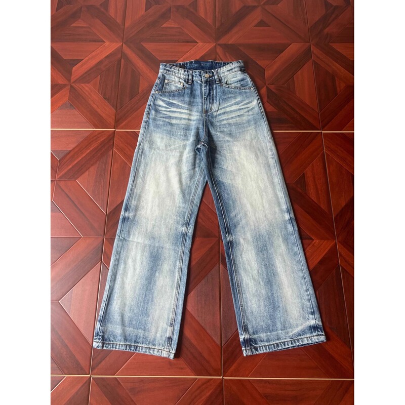 American Heavyweight Blue Cow King Vintage Washed Distressed A-Line Loose Straight Jeans Cleanfit Men