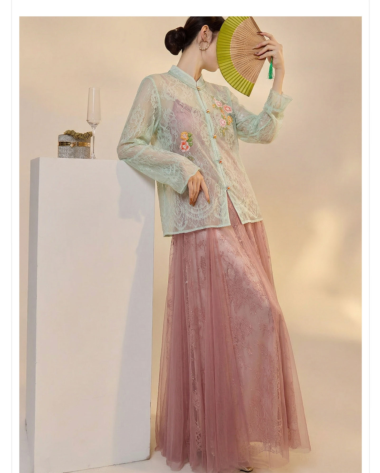 Váy maxi ren lụa dây mảnh nhiều tầng phong cách Trung Hoa hiện đại — Bột yêu đào chi tiết 18