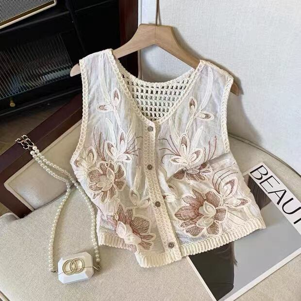 Vintage High-End Hollow-Out Crochet Vest for Women, V-Neck, Loose Sleeveless Summer Vest, Outerwear Layering Top