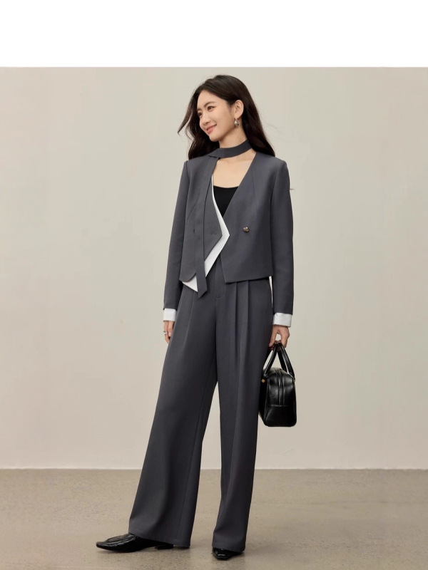 假两件设计感西装套装女2025秋季新款撞色拼接小西服阔腿裤两件套|undefined