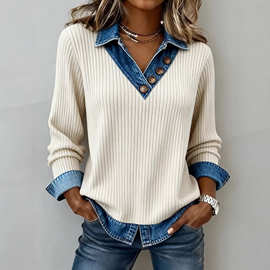 外贸女装牛仔领拼接针织衫 假两件V领坑条长袖休闲上衣