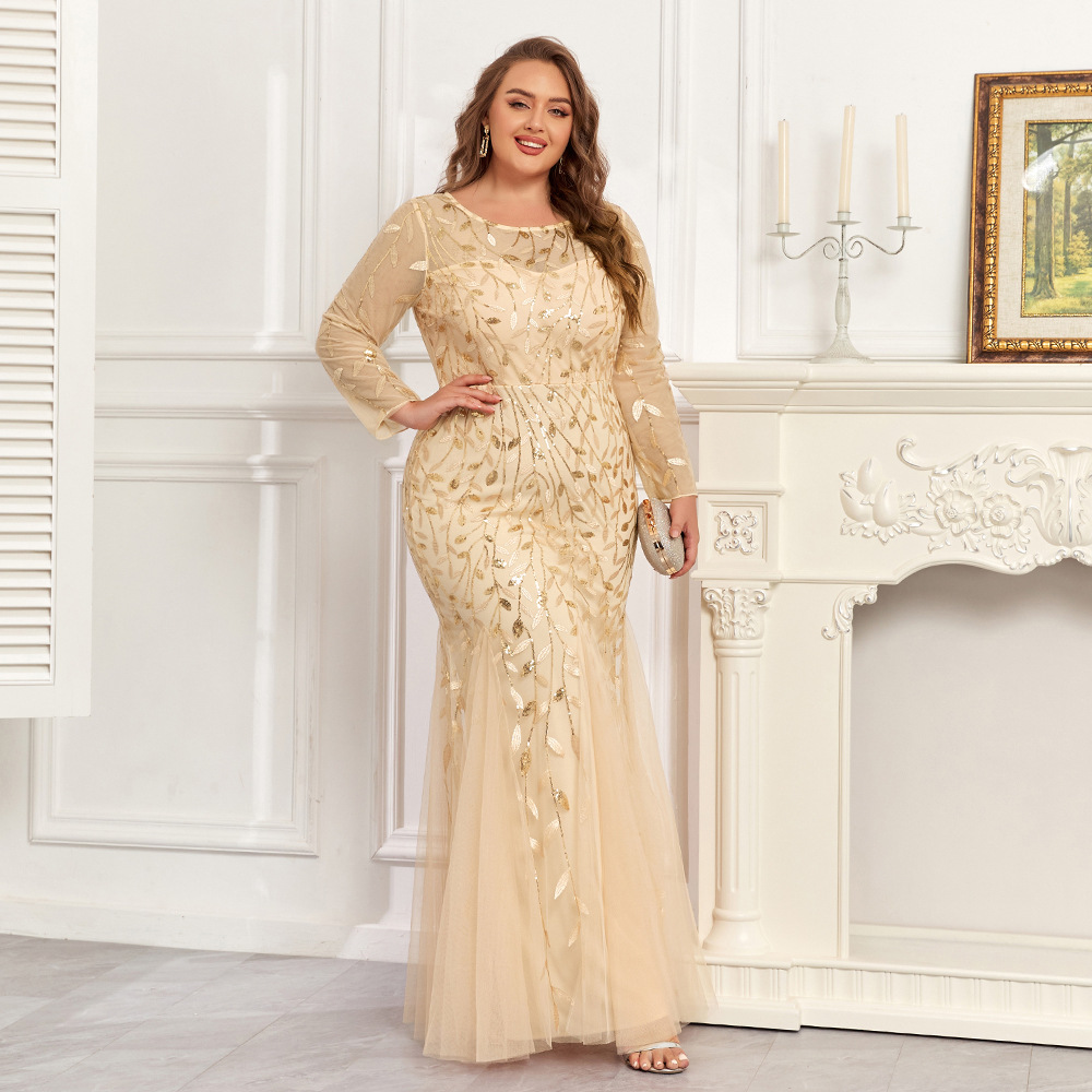 Vestido de noche bordado de talla grande, estilo europeo y americano, superventas transfronterizo 2026, de manga larga, cuello redondo, totalmente forrado, con cremallera trasera y corte de cola de pez.