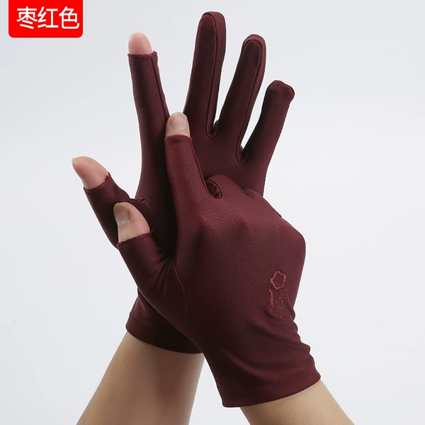 Embroidery [Fingerless Burgundy Spandex Gloves] 2 Pairs M